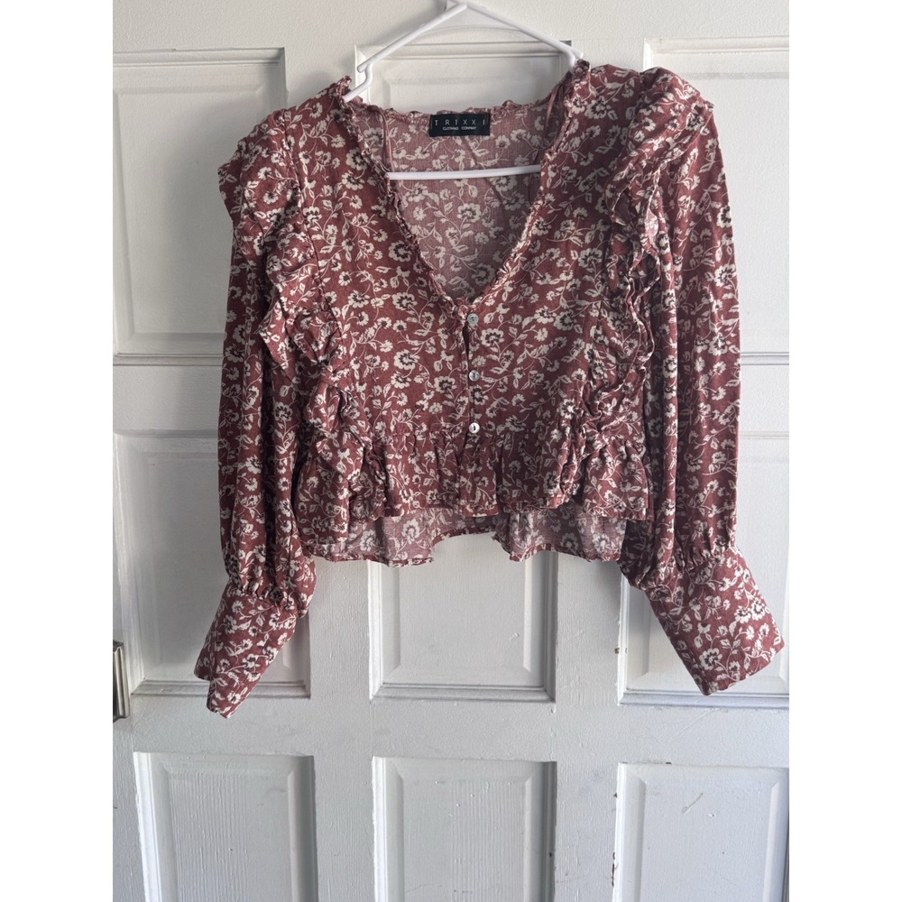 Trixxi Clothing Company Women's Mauve Floral Ruffle Button Long Sleeve Blouse